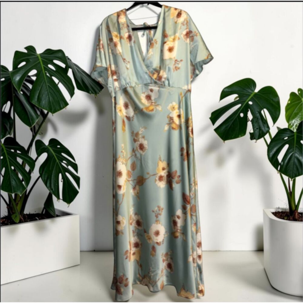 A New Day Floral Satin Maxi Dress Sage Green Plus Size 1X Cottagecore